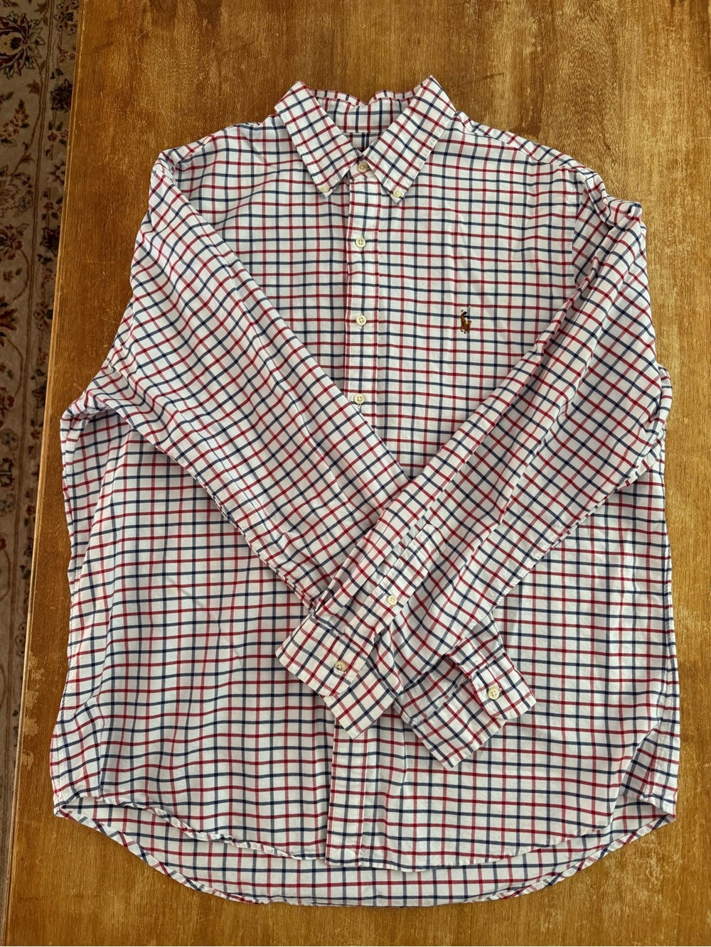 Ralph Lauren White Cotton Button-Down Shirt with Red & Blue Check Pattern